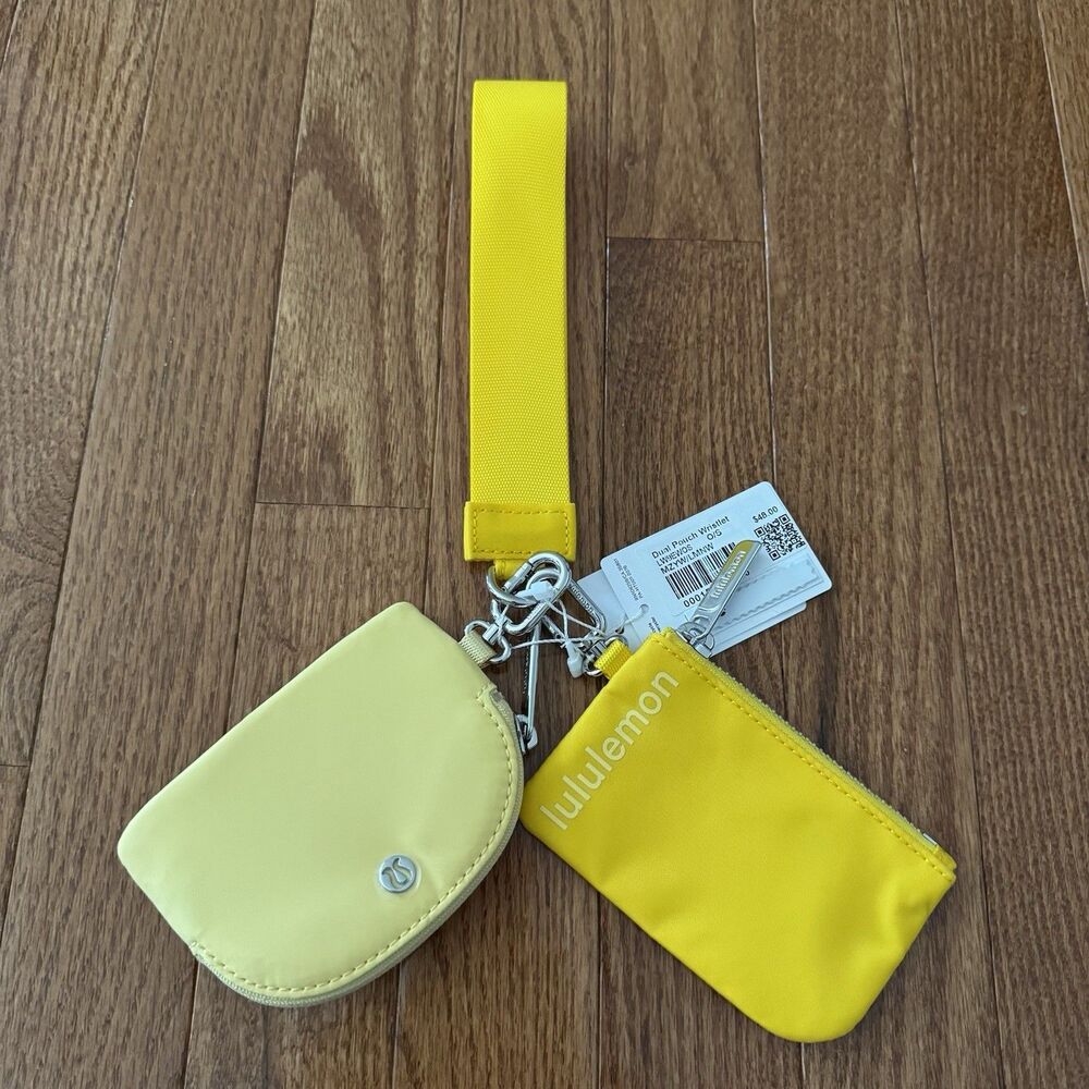 Lululemon Dual Pouch Wristlet Yellow Maize Lemon Silver Keychain Wallet Travel - Picture 2 of 8